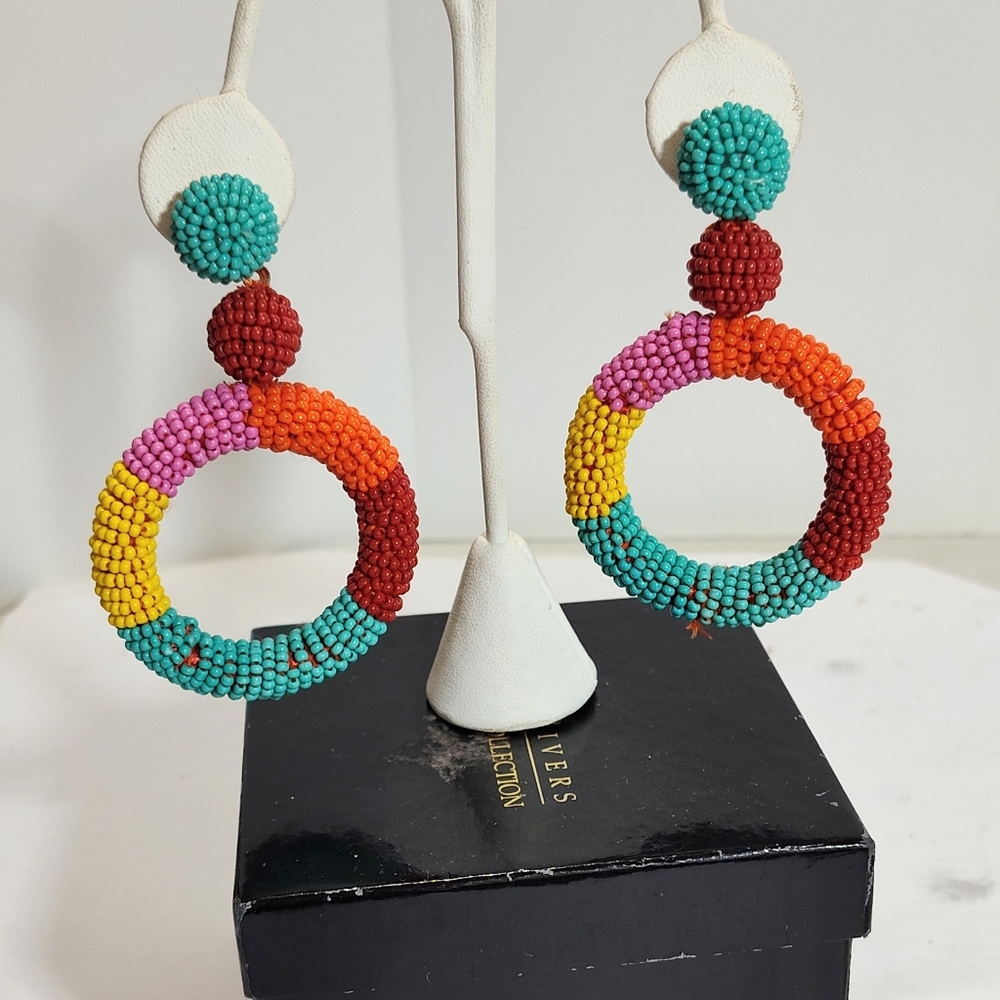 Colorful Green Yellow pink Orange Beaded DoorknockerslHoop Earrings NWOT